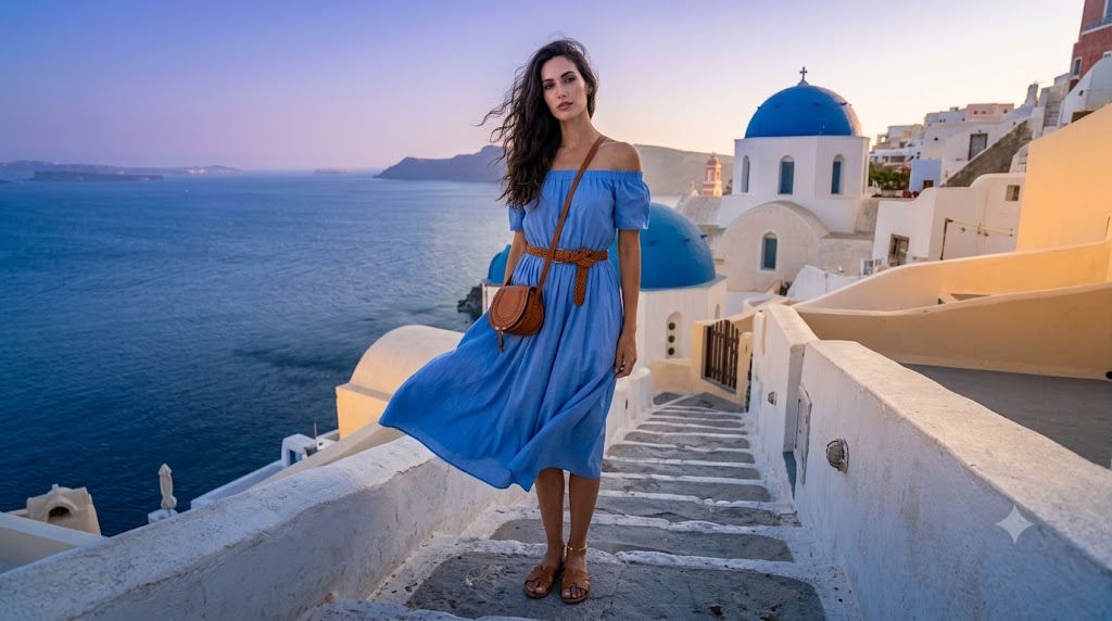Off-Shoulder Sundress in Santorini